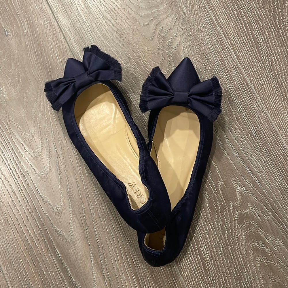 J. Crew Lottie Frayed Bow Satin Flats NAVY 7.5